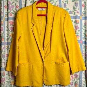 Vintage 80s Alfred Dunner Solid Yellow Blazer With Shoulder Pads And Pockets